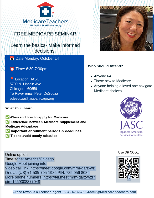 Free Medicare Seminar flyer: Wednesday, October 14, 6:30 to 7:30 PM at JASC, 5700 N. Lincoln Ave., with Medicare Teachers