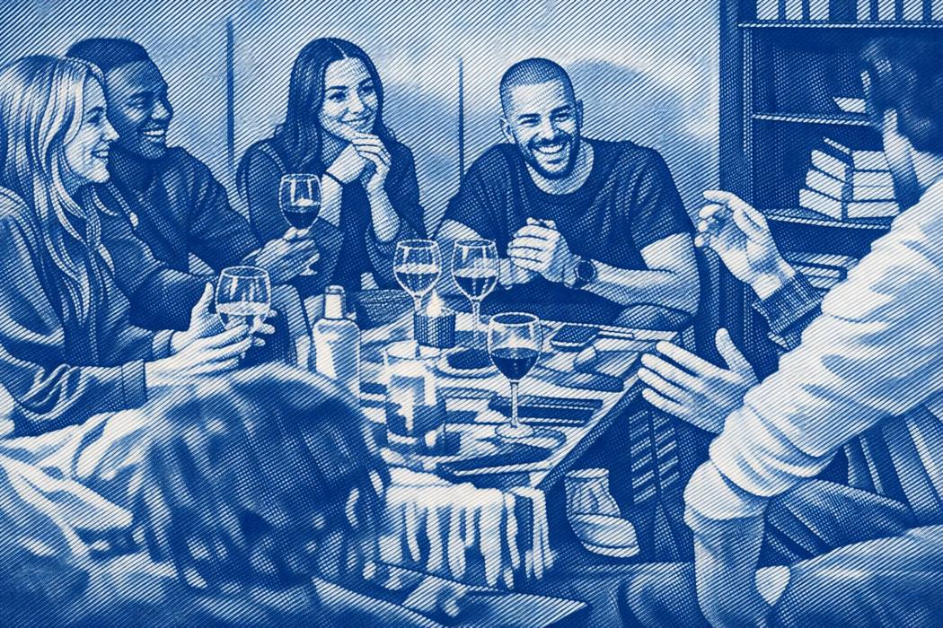 Illustration of neighbors sharing dinner and conversation around a table, for It's Your Chicago - West Ridge